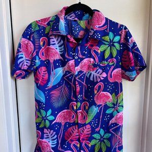 XS Vintage Flamingo Hawaiian Shirt Blue Pink Perfect for Coachella